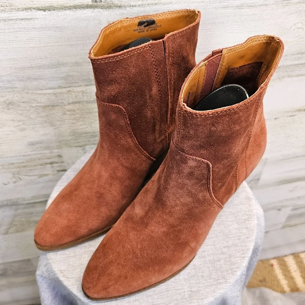 Lucky Brand Wafael Suede Wedge Ankle Boots 8.5 Brown Boho Western Chic Booties
